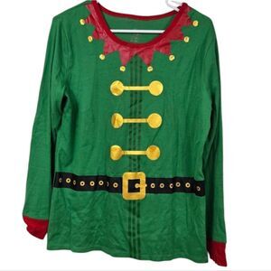 Elf Holiday Tee Long Sleeve Fitted Christmas Shirt Festive Green Pajama Top